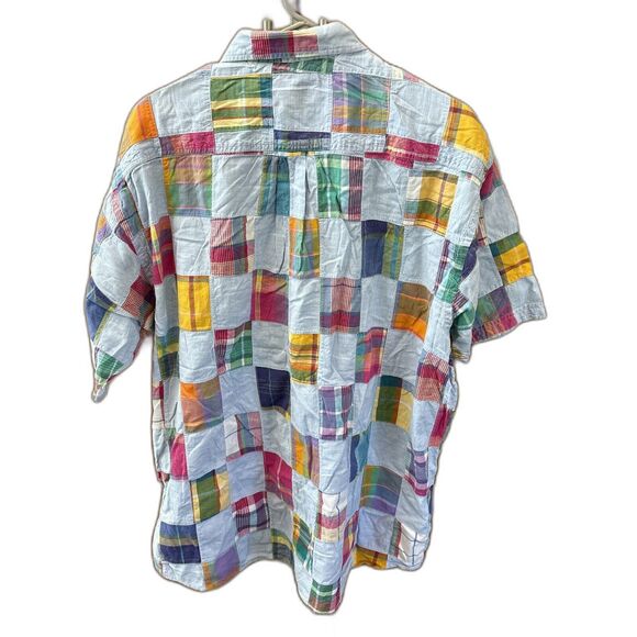 417 Van Heusen Men XL Blue Madras Plaid Patchwork Short Sleeve Shirt Cotton - Picture 8 of 9